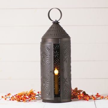 15" Decorative Punched Tin Revere Lantern in Blackened Tin by Irvins Country 