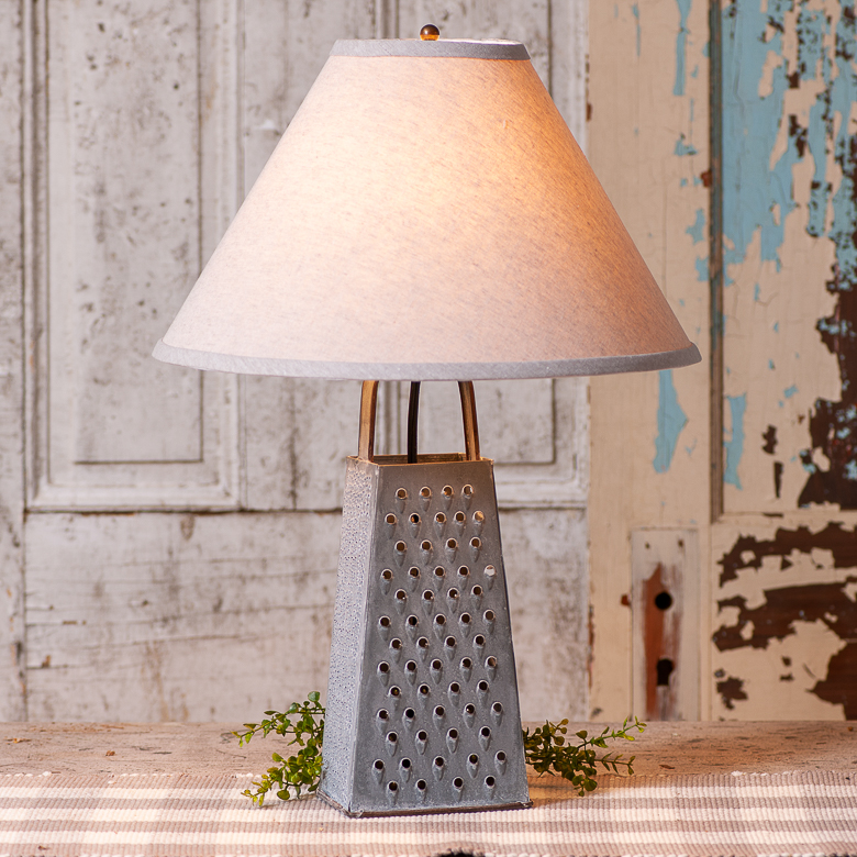 Cheese Grater Lamp with Ivory Linen Shade Irvins Tinware