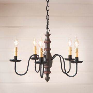 Large 5-Arm Colonial Revival Primitive Chandelier in Textured Black Dining Room 