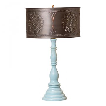 Davenport Wood Table Lamp in Misty Blue with Drum Shade