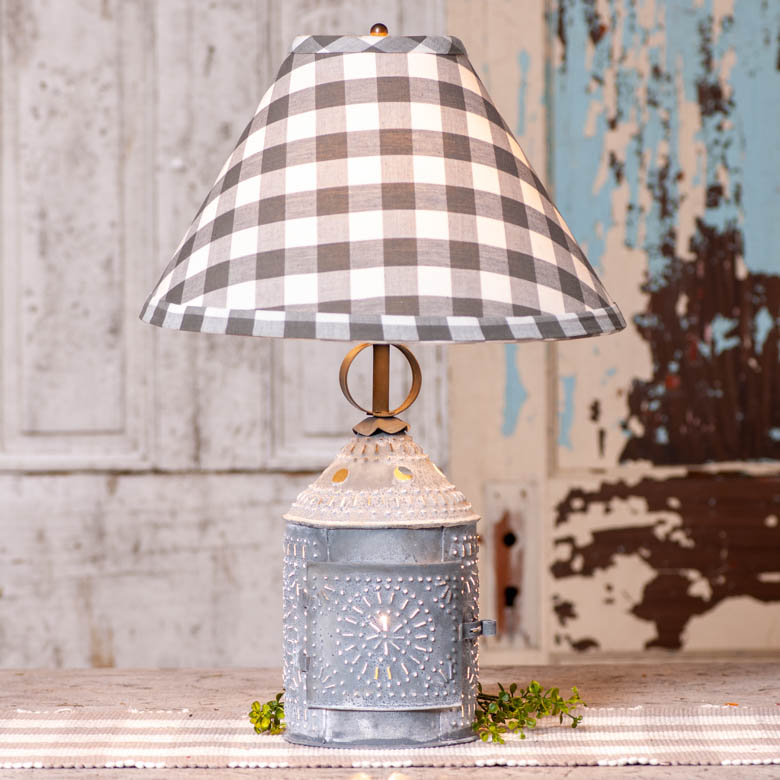 Paul Revere Lamp in Weathered Zinc with Gray Check Shade