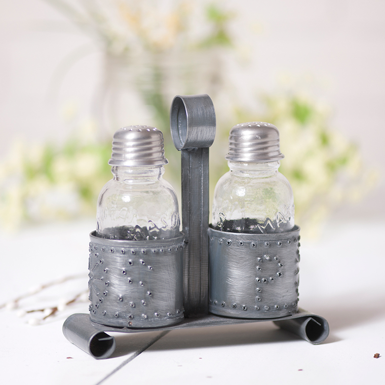 Salt and Pepper Shaker Holder in Antique Tin Irvins Tinware